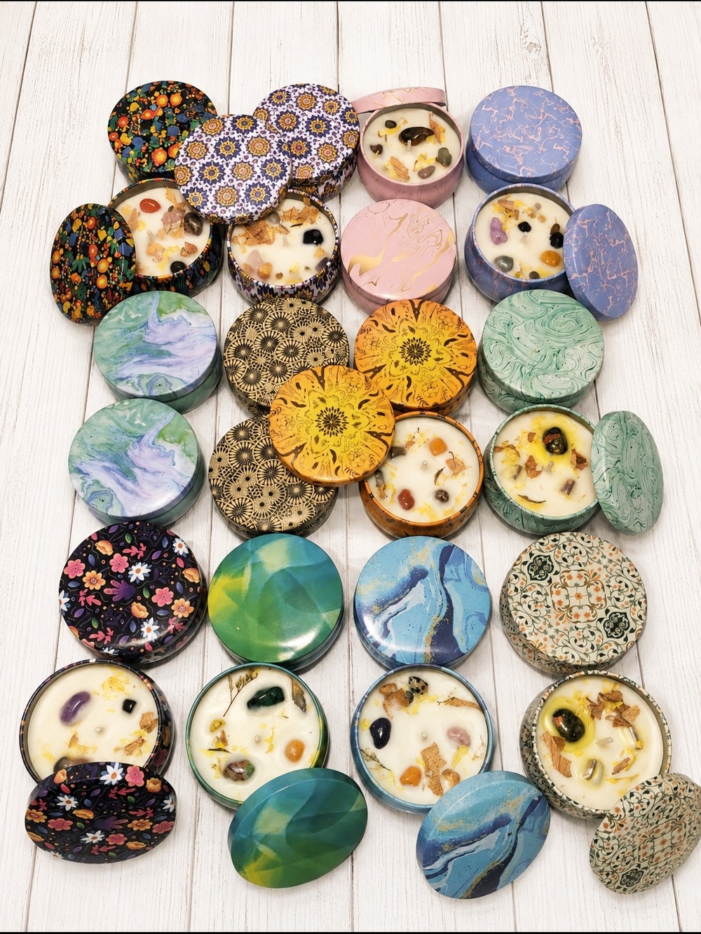 4 Soy Scented Tin Candles With Natural Stones Amethyst Quartz Tiger Eye Agates - Picture 2 of 11